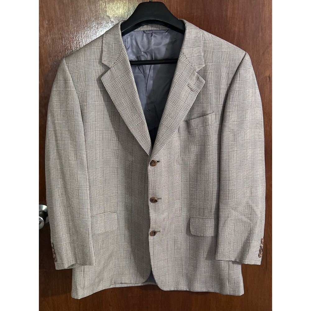 Hickey Freeman Men’s 43R Blazer Beige Plaid Silk Wool Canterbury Sport Coat